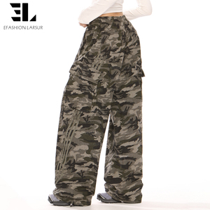 Pantalon cargo imprimé camouflage en sergé personnalisé LARSUR, patchwork, bandes latérales, pantalon ample droit à lacets, pantalon pour femmes - Product Image 6