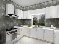 Armoires de cuisine modulaires modernes Prima avec portes en métal aluminium couleur gris, comptoirs en marbre/feuille de placage, robinet inclus