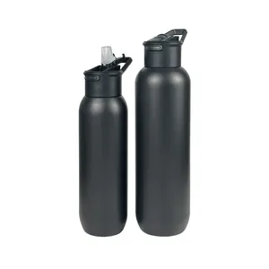 Bottiglia di acqua potabile Thermos in acciaio inossidabile nera isolata sottovuoto personalizzata con coperchi e cannucce