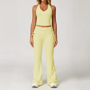 Ensemble de yoga 3 pièces de haute qualité pour femme, avec logo personnalisé, effet seconde peau, soutien-gorge de sport et leggings taille haute à revers - Product Image 6