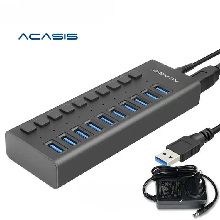 Acasis Hub USB dengan 10 Port USB 3.0, Mendukung Transfer Data Hingga 5Gbps dengan Sakelar & Adaptor Daya untuk Laptop Pc