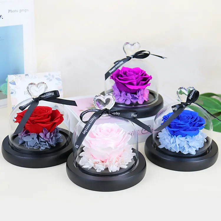 YS-025 Mothers Day Wholesale Bouquet Gift Box Handmade Rose in glass dome LED night light Preserved Flower