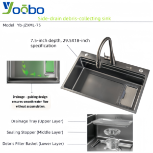 อ่างล้างจานสีเทา<span class=keywords><strong>ไท</strong></span>เทเนียมดำ 304 SS ลายข้าวสาร พร้อมที่เก็บเศษอาหาร ทำด้วยมือ - Product Image 3