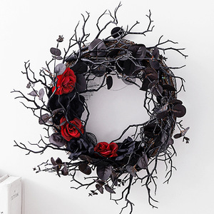 Guirnalda de Halloween con Flores Artificiales, Decoración Negra de Mimbre Circular para Colgar en la Puerta, para Decoraciones de Fiestas - Product Image 1