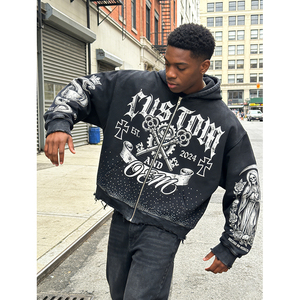 Sweat à capuche zippé pour homme, coupe ample et carrée, style streetwear, effet usé, avec strass, impression numérique personnalisée OEM, grammage lourd 400 GSM - Product Image 3