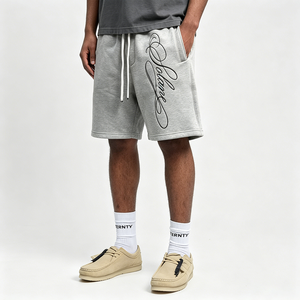 Pantalones Cortos Deportivos Grises para Hombre, Bordado de Letras Cursivas, Estilo Urbano, Cintura Elástica, Holgados, Casuales, de Algodón, para Verano - Product Image 2