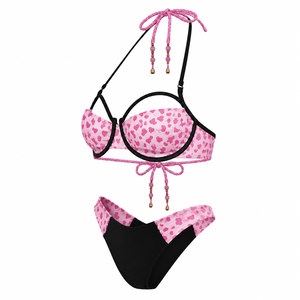 Pink Heart Print Halter <b>Bikini</b> Set Underwire Swimwear Beaded <b>String</b> Beachwear for Women - Product Image 3