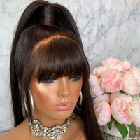 Perruque queue de cheval, cheveux vierges brésiliens lisses, perruque Lace Front Wig transparente, noire naturelle avec nœuds blanchis