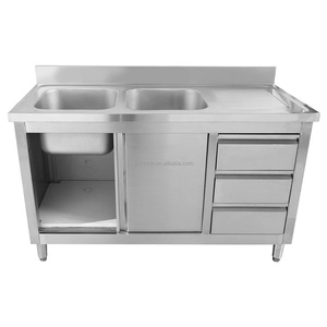 Commercial Double Sink Table with Storage Cabinet, Restaurant Hotel Service Equipment for Catering Use - Product Image 2