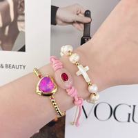 Ginee-Letter Vintage Bracelet tressé coloré pour femme en acier inoxydable plaqué or 18 carats avec breloque zircon réglable et empilable