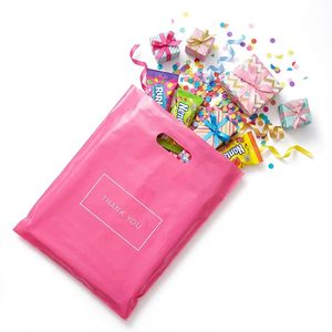 Pink Plastic Shopping <b>Bags</b> 9x12 Die Cut Handles Thank You Boutique Gift <b>Bags</b> for <b>Small</b> Business Retail 50 Count - Product Image 2