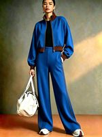 Ensemble 2 pièces pour femmes, veste bomber à col côtelé avec fermeture éclair, pantalon large à rayures latérales, ensemble assorti décontracté