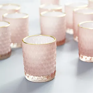 Venda quente rosa Luxo Crystal Candle Vessels Glossy Glass Votive Tealight Candle Holders Com Gold Rim Para Decoração