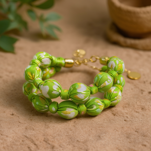 Green Floral Fabric <b>Beaded</b> <b>Bracelet</b> Double Strand <b>Gold</b> Clasp Sustainable Fashion Jewelry - Product Image 3