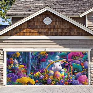 Bandera para puerta de garaje de Pascua, diseño de conejito lindo, <span class=keywords><strong>huevos</strong></span> coloridos, floral, ladrillo rojo, cubierta para puerta de garaje, decoración personalizable para fiestas al aire libre - Product Image 2