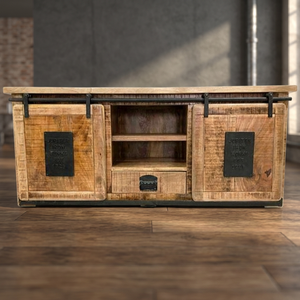Mueble de TV de Estilo Industrial Rústico, Hecho a Mano en India, de Hierro y Madera Maciza, con Puerta Corredera, Iluminación LED, para Sala de Estar - Product Image 3