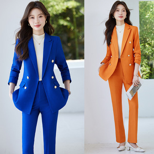 Women's Blue Suit Set Polyester Formal Autumn Anti-Wrinkle Two-Piece OL Style Professional Jacket Pants - Product Image 1