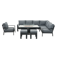 Ensemble de meubles de jardin modernes 9 places en aluminium Fimous canapé d'angle pour l'extérieur table de foyer au propane tissu gris foncé imperméable