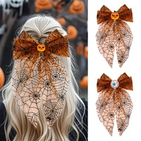 Lazo decorativo de tela naranja con telaraña de Halloween, pinzas para el pelo, cinta larga para el pelo, calabaza original para regalo de fiesta o festividades