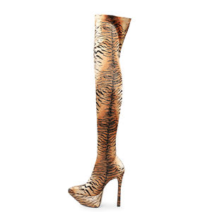 <span class=keywords><strong>2022</strong></span> plus récent femmes à la mode imprimé léopard talons hauts plate-forme chaussures d'hiver bout pointu élastique cuisse haute imperméable Western automne - Product Image 6