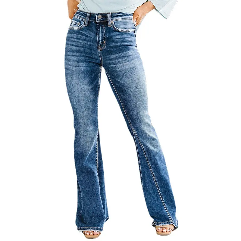 Pantalones vaqueros de cintura alta para mujer, Vaqueros femeninos de color azul cielo, de lavado medio, informales