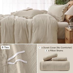 Lujoso juego de funda nórdica de 3 piezas de muselina de algodón 100%, bordes con volantes <span class=keywords><strong>Beige</strong></span>, suave y transpirable para decoración elegante de dormitorio - Product Image 3