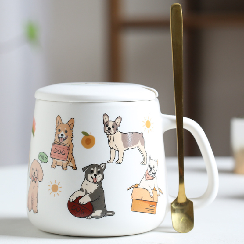 Couple tasse chien crochet alliance couvercle en porcelaine cuillère dorée