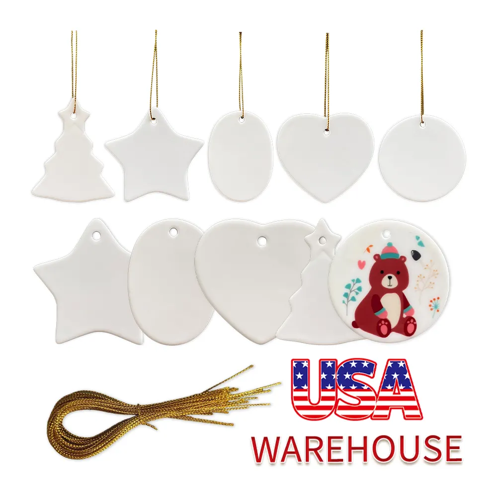 USA Warehouse Christmas Ornament White Blank Sublimation Ceramic Ornament MDF Hardboard Wooden Porcelain Ornament