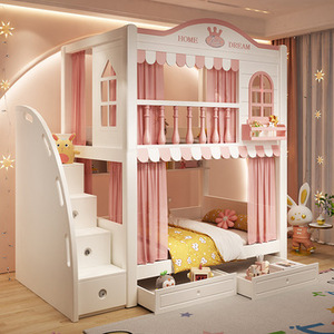 Lit superposé château style moderne pour fille avec rangements et toboggan, en bois massif, confortable pour la maison et l'hôtel - Product Image 5