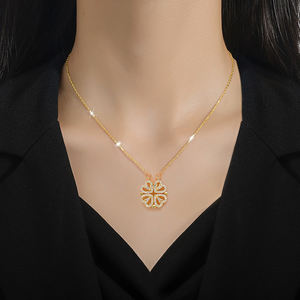 Kalung Hati Bersambung Trendy Liontin Semanggi Baja Titanium Berlapis Emas Rantai Link 2 Cara Pakai Perhiasan Kristal Penuh - Product Image 4