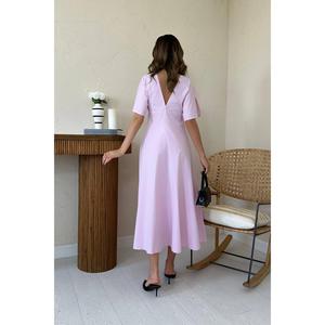 Vestido Midi Rosa con Cuello en V, Corte en A, Cintura Natural, Popelina Tejida, Informal, para Uso Diario, Transpirable, Estilo Simple - Product Image 1