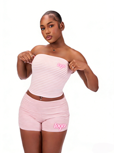 Ensemble deux pièces rayé personnalisé 2026, haut bandeau + <span class=keywords><strong>micro</strong></span>-short, ensemble coordonné sexy style Y2K doux et épicé pour femme - Product Image 4