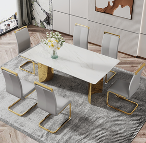 Modern Square Stone Dining <b>Table</b> with White Marble Glass Top and Golden Metal Legs for Hotel Use - Product Image 2