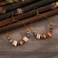 Boucles d'oreilles créoles en alliage à motif géométrique bohème avec perles en bois et breloques CCB, bijoux ethniques pendantes, cadeau pour femme