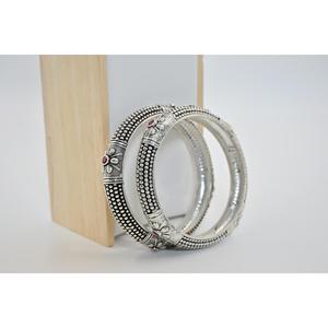 925 Silver Vintage Ethnic Flower Pattern Ruby Inlay Bezel Setting <b>Bangles</b> Women's Everyday Wear Jewelry - Product Image 3
