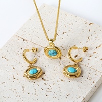 Ensemble de bijoux tendance pour femmes, bracelet, collier, boucles d'oreilles et bague en pierre naturelle turquoise rétro, plaqué or 18k PVD, acier inoxydable