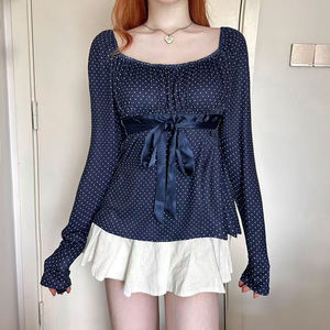 Elegant <b>Women</b> s Polka Dot Square Neck <b>Long</b> Sleeve <b>T</b> <b>Shirt</b> Waist Shaping Bow Detail A <b>Line</b> Autumn Casual Top - Product Image 1
