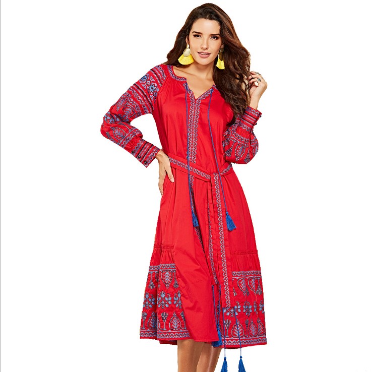 Factory Direct Bohemian Long Sleeve V-Neck Embroidery Women Sash Dress High Quality Girls Dresses