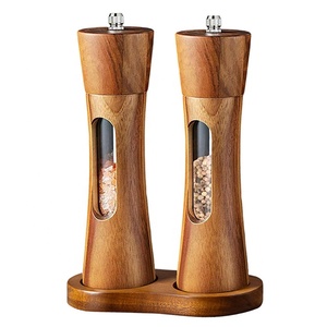 Moulins à épices manuels rechargeables de 8 pouces avec fenêtre à vue dégagée Ensemble de moulins écologiques en bois d'acacia avec base - Product Image 1