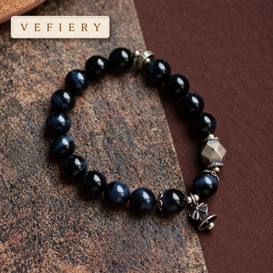 Natural Blue Tiger Stone Dark Round <b>Beaded</b> Stretch <b>Bracelet</b> with <b>Silver</b> Tone Charm for Women Jewelry Wholesale - Product Image 4