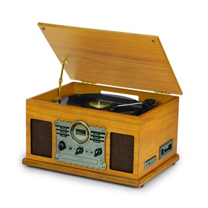Tourne-disque vintage en bois, directement de l'usine, tout-en-un, compatible vinyle, CD, cassette, radio AM/FM, Bluetooth, haut-parleur intégré - Product Image 1