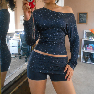 <b>Off</b> <b>Shoulder</b> Knit Two Piece Set, <b>Long</b> <b>Sleeve</b> <b>Top</b> and Shorts, Women's Casual Sportswear Matching Set, Y2K Fashion Style - Product Image 2