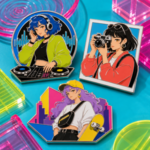 Set de Pins de Esmalte Duro Personalizados Urban Creative Girl, Pins Metálicos para Solapa de DJ, Cámara y Patineta, OEM - Product Image 1