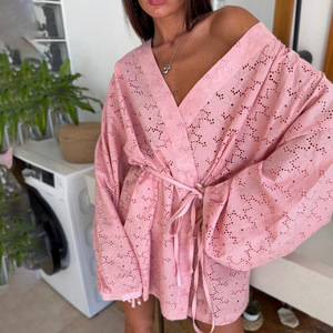 Vestido Kimono Sexy y Chic Rosa con Escote en V, Bordado Calado, Cintura Ajustable, Manga Larga, para Descansar y Uso Casual al Aire Libre - Product Image 6