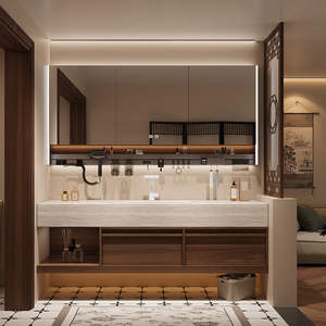 Light luxury <b>antique</b> style bathroom cabinet cave stone slab countertop intelligent defogging mirror cabinet - Product Image 3