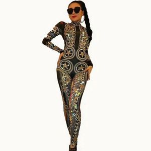 Sexy Printing Flowers Black Jumpsuit <strong>Sparkling</strong> Crystals <strong>Bodysuit</strong> Celebrate Stage Wear Costume Nightclub Wear - Product Image 1