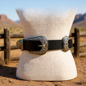 Cintura G21XIA1 Cinturones 5240 in pelle nera e marrone con fibbia argentata, stile western, per donna e uomo - Product Image 2