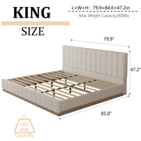 Cadre de lit réglable en velours crème Holland avec tête de lit à cannelures verticales en bois de chêne, mobilier de chambre Queen/King