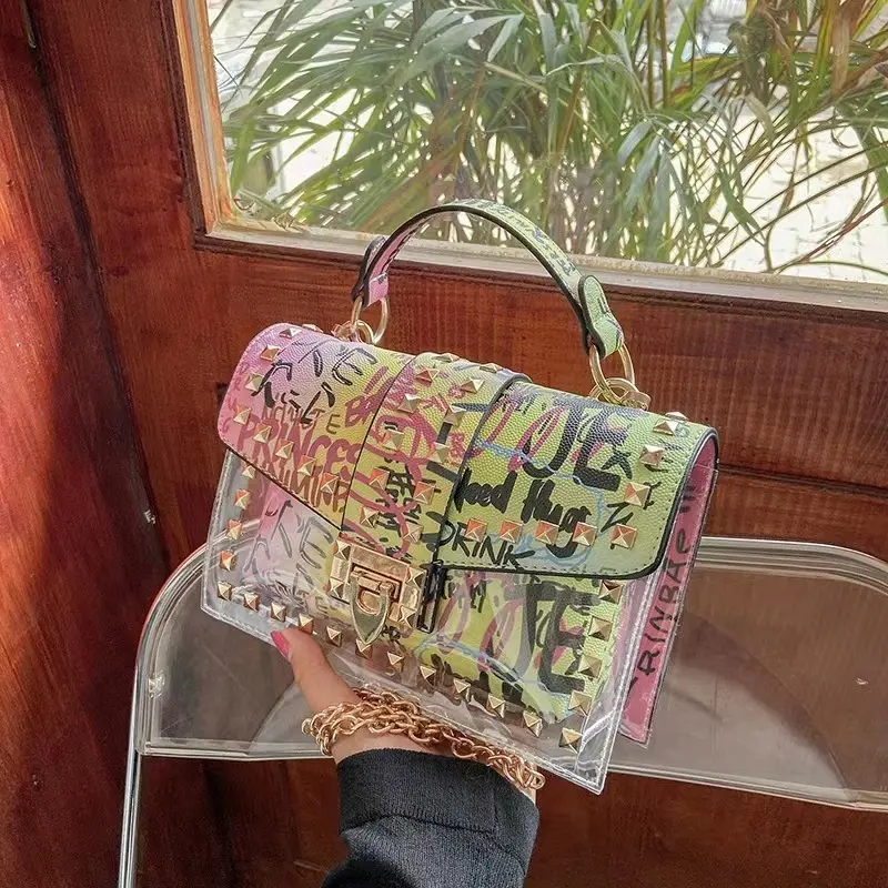Kore stilleri jöle çanta ve çantalar ve çanta perçin zincir çanta doodle crossbody mini jöle çanta kadınlar için