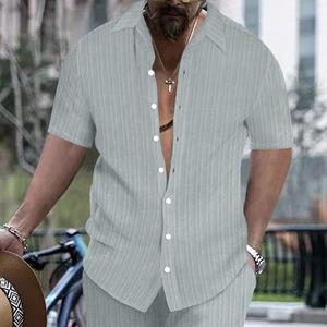 Fashion Men's Striped Jacquard Solid Color Casual Shirt Comfortable Loose Short Sleeve Hawaiian Shirt - Product Image 5